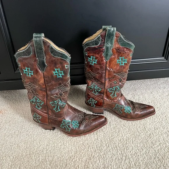 Corral Whiskey / Turquoise Cross Cowboy Boots - Cowgirl Boots - Size: 8M